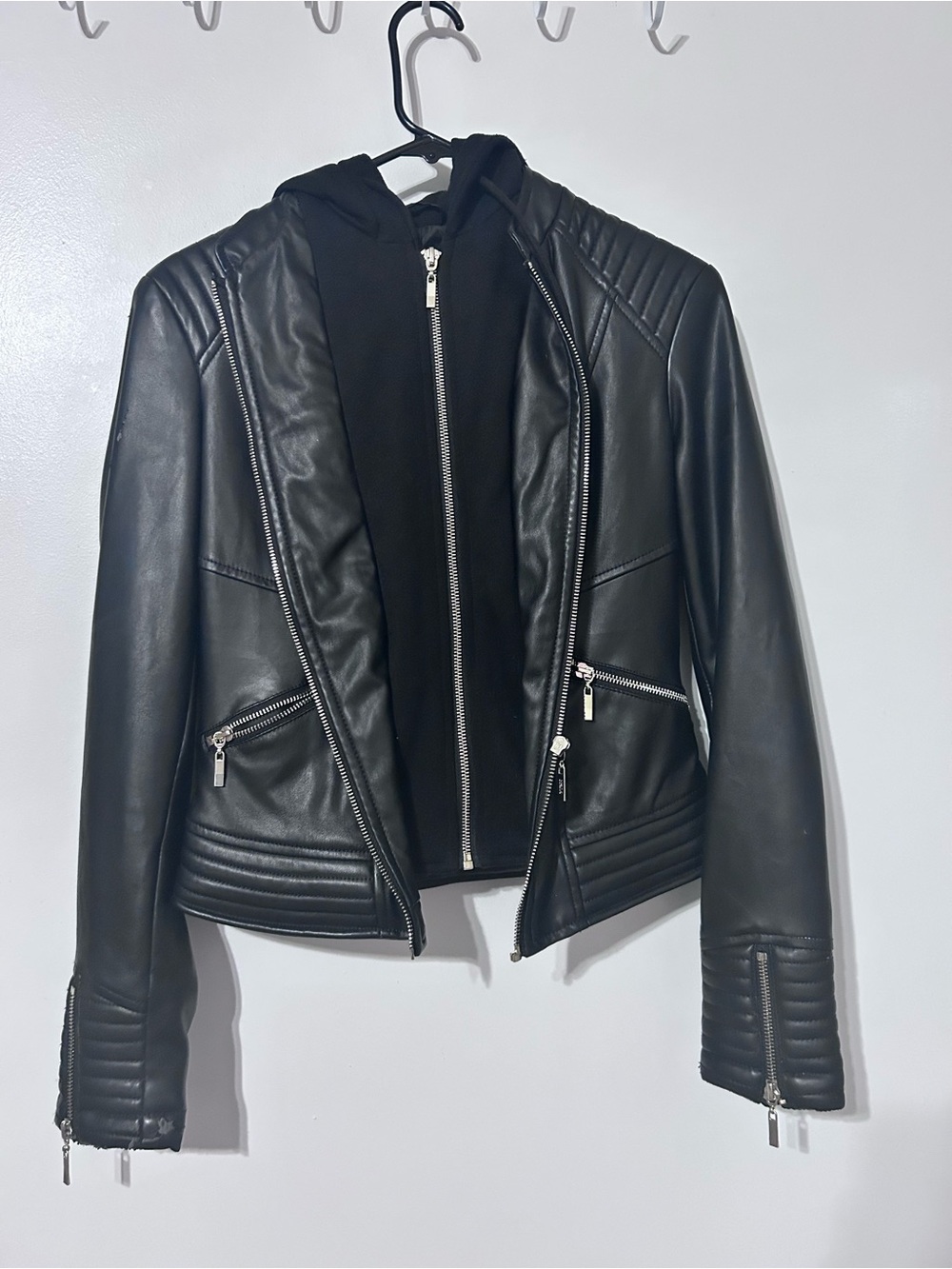 Guess Black Faux Leather Moto Jacket with Hood